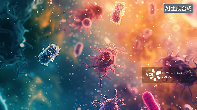 【AI数字艺术】细胞背景病毒细胞医学研究背景，病毒性疾病流行细胞的特写插图图片素材