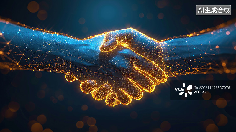 【AI数字艺术】握手高科技合作概念低网格发光插图图片素材
