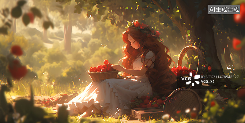 【AI数字艺术】阳光下的红发少女插画图片素材
