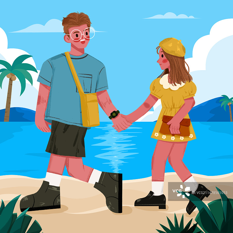 一对情侣旅游在海边手牵手散步手绘分层插画图片素材