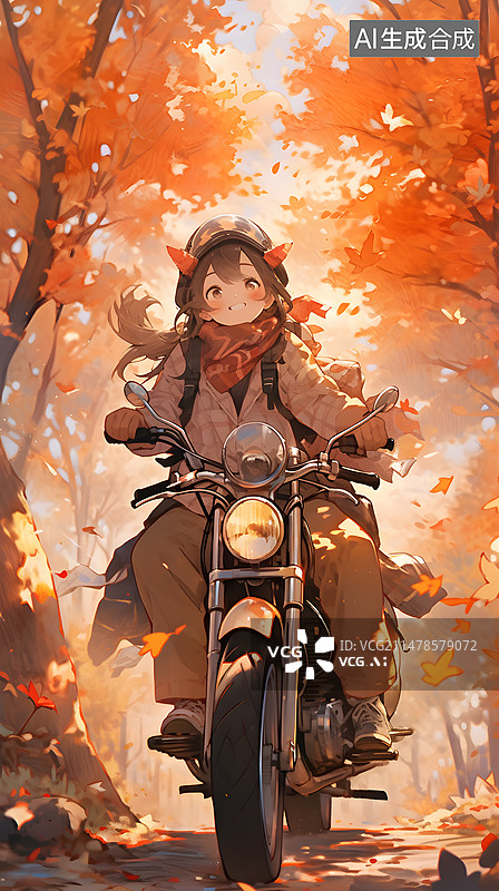 【AI数字艺术】秋天森林中骑车的女孩插画图片素材