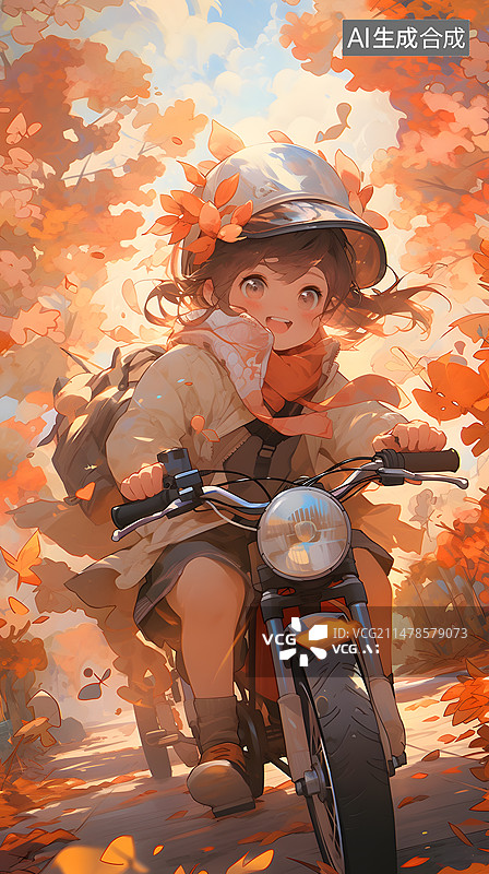 【AI数字艺术】秋天森林中骑车的女孩插画图片素材