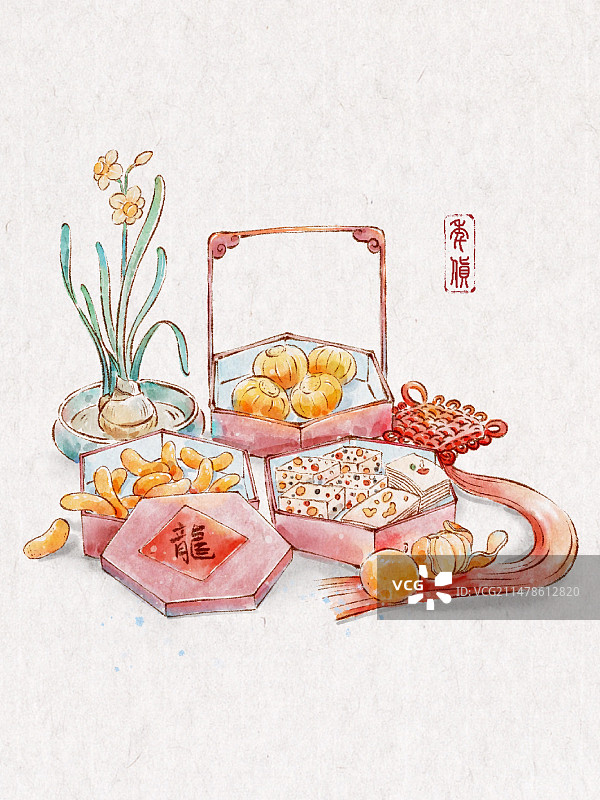 古风小品-年货-中式糕点和水仙花图片素材