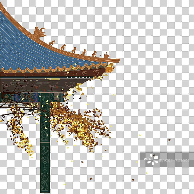 国潮风古建筑亭子银杏树风景插画图片素材