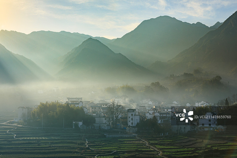 安徽省黄山市绩溪县家朋乡油菜花盛开时的徽派建筑美景图片素材