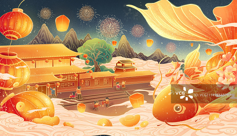 新年国风锦鲤送福插画图片素材