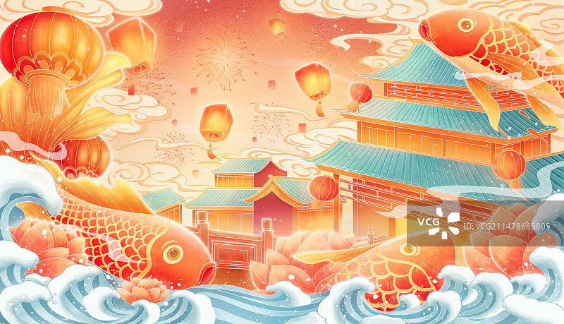 中国风锦鲤祝贺新春插画图片素材