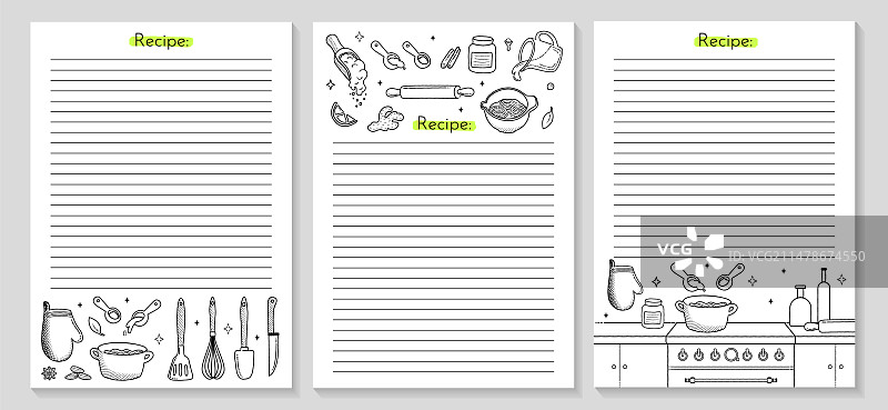 烹饪食谱：带厨房用具的3张海报图片素材