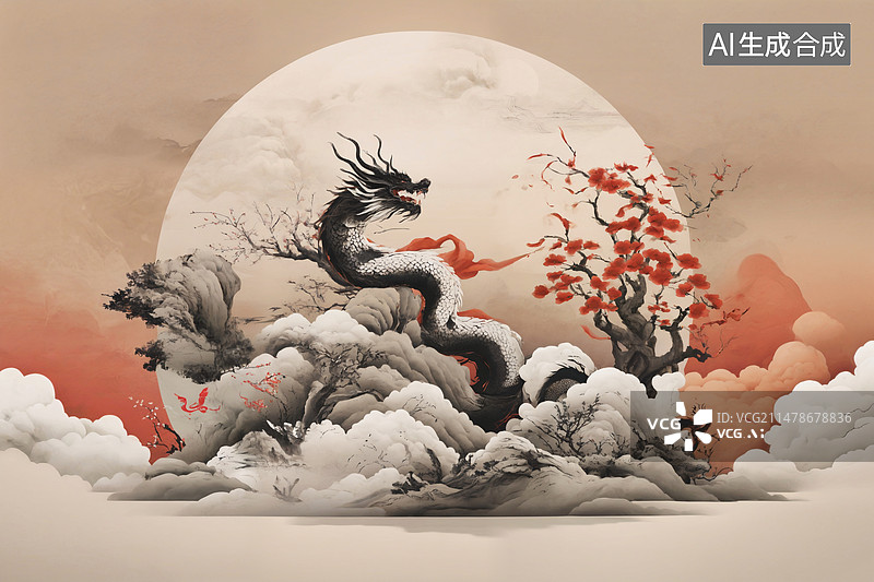 【AI数字艺术】中国龙水墨国潮壁纸图片素材