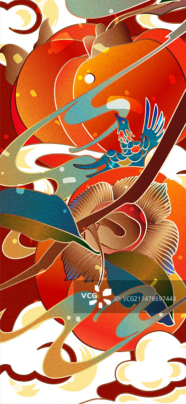 国风国潮树枝上的红柿子矢量插画图片素材