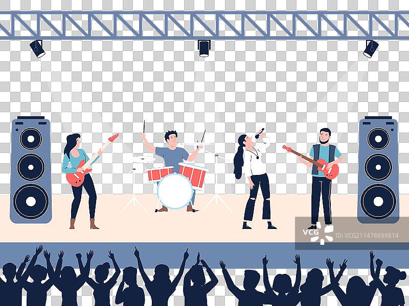 摇滚音乐会年轻歌手和舞台上的音乐家图片素材