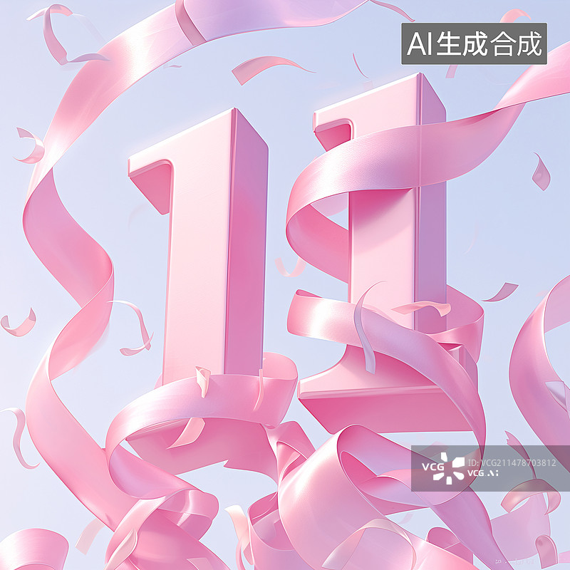 【AI数字艺术】粉色丝带和数11字双十一节日3D插画图片素材