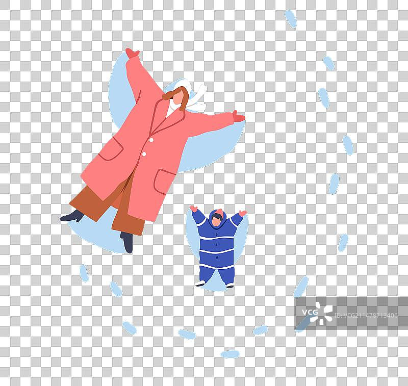 母亲和孩子在冬天的雪地上做天使图片素材