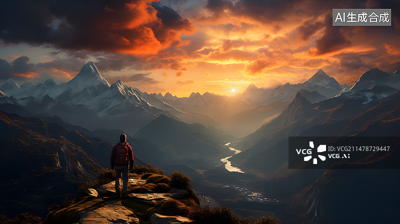 【AI数字艺术】一个人在山顶高举手臂欢呼成功图片素材