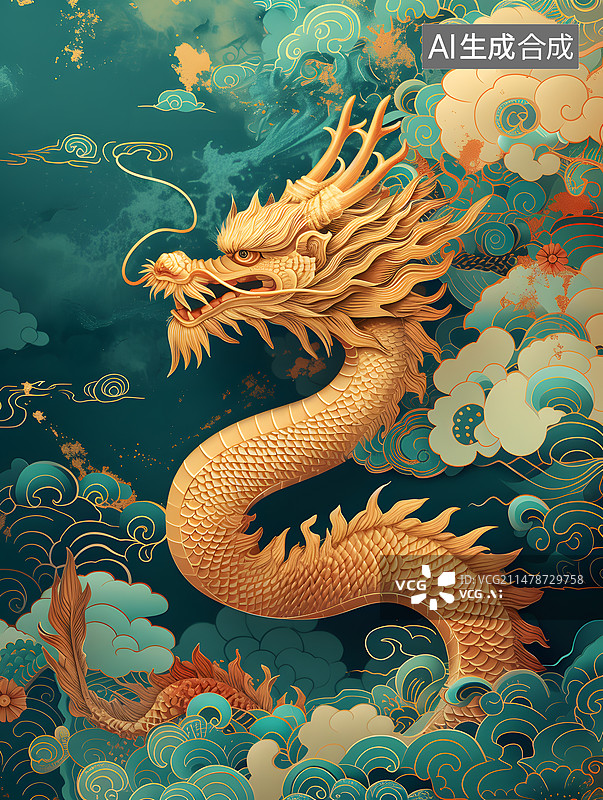 【AI数字艺术】传统配色的复古中国龙图腾图片素材