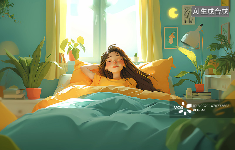 【AI数字艺术】世界睡眠日插画之睡着的女孩图片素材