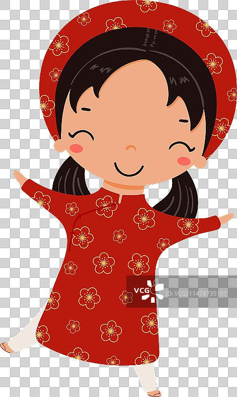 穿着越南传统服装奥黛的可爱的女孩图片素材