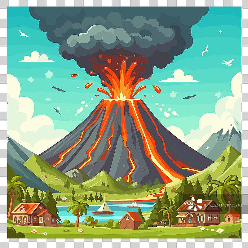 火山爆发摧毁村庄图片素材