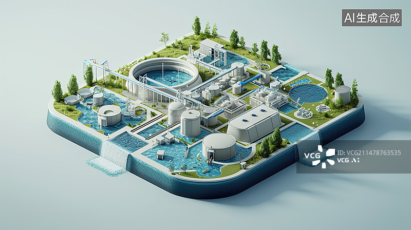 【AI数字艺术】城市污水处理厂微缩3D模型图片素材