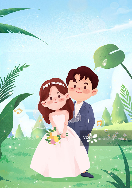 小清新可爱婚礼情侣卡通插画图片素材