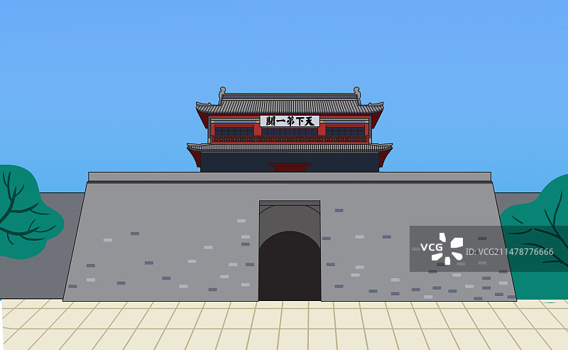中国风新中式古风古典传统文化历史古建筑秦皇岛旅游旅行宣传地标山海关风景景区插画图片素材