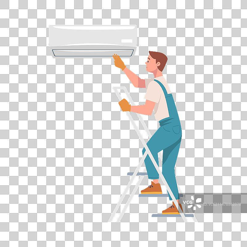 在梯子上安装空调的男人角色图片素材