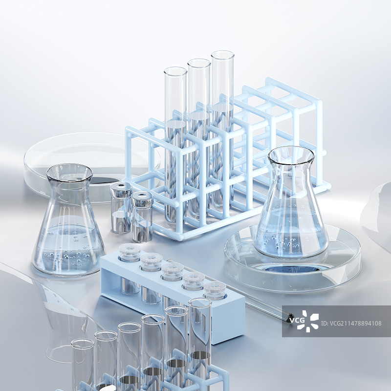 3D渲染的化学生物医疗实验室试管锥形瓶西林瓶图片图片素材