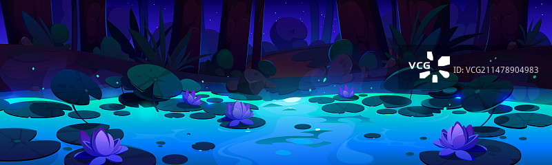 森林夜晚湖面睡莲景观图片素材