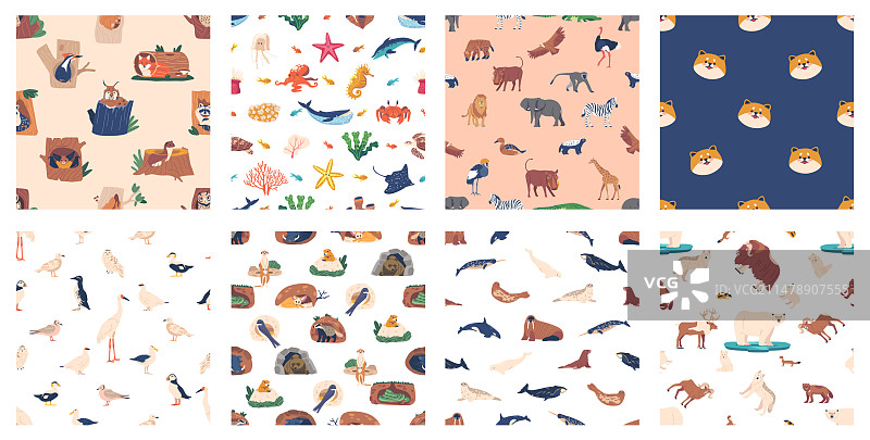 不同动物和鸟类的无缝图案图片素材