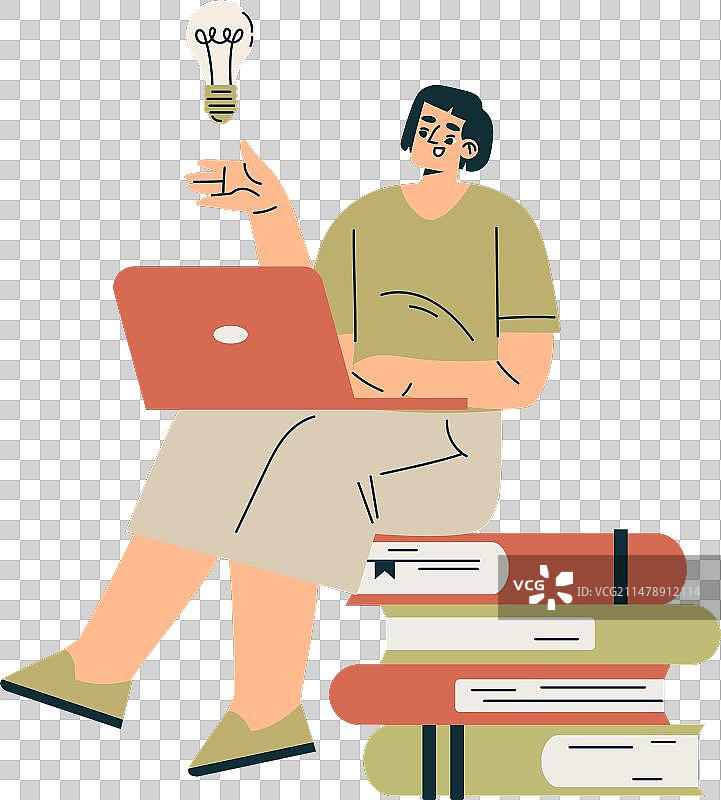 年轻女人坐在书本上用笔记本电脑思考图片素材