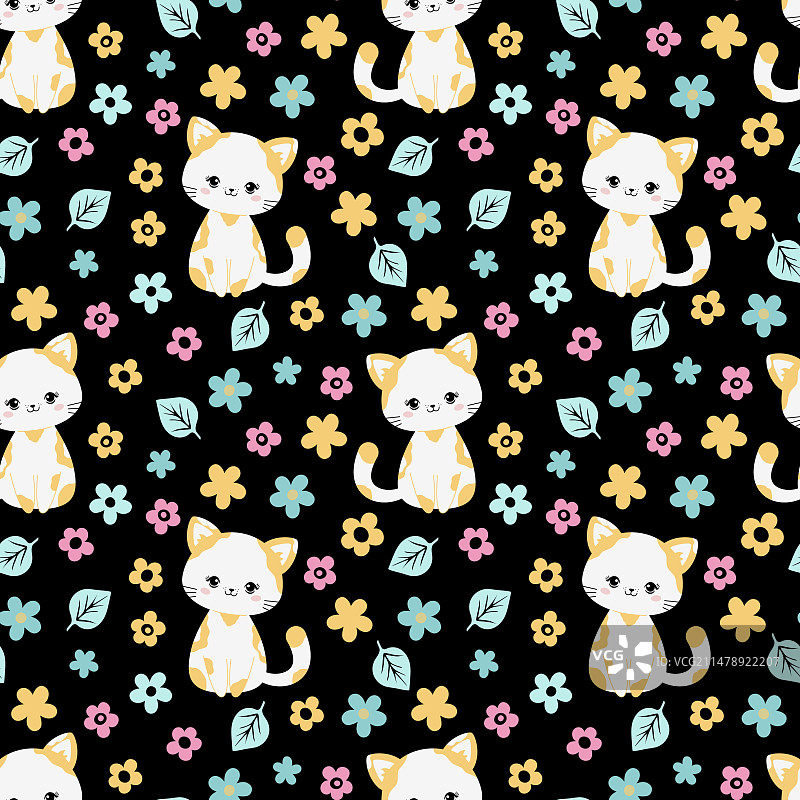 黑色背景上的鲜花可爱猫咪无缝图案图片素材