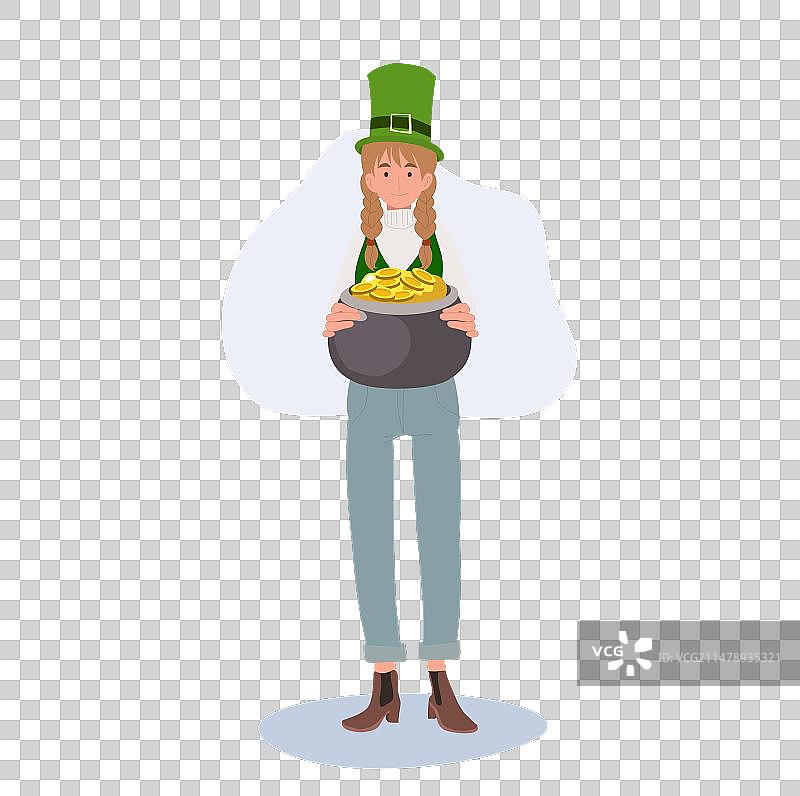 庆祝圣帕特里克节：女人捧着一罐金币图片素材