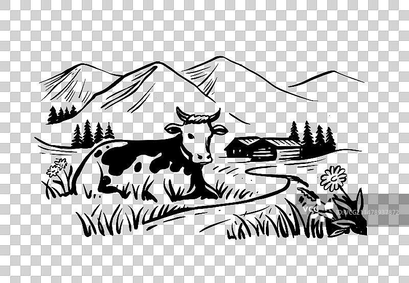 手绘自然风景中的奶牛图片素材
