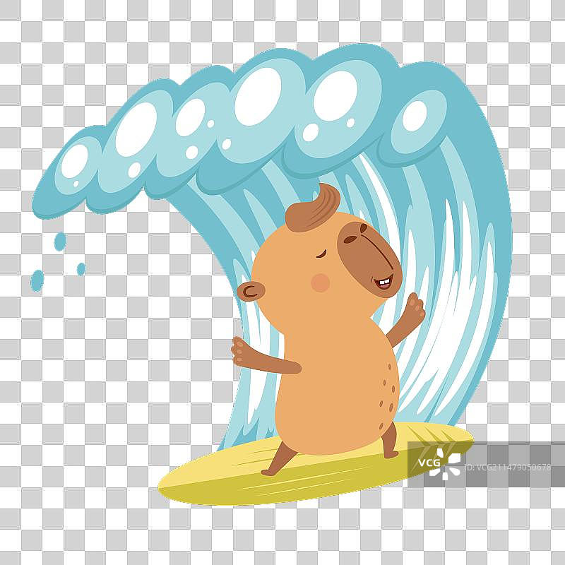 冲浪板上的水豚冲浪者，漫画风格图片素材