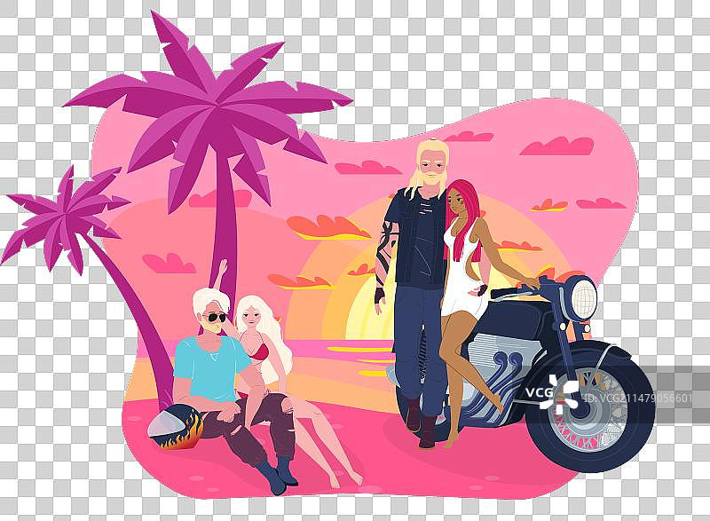 两男两女在摩托车旁休闲放松图片素材