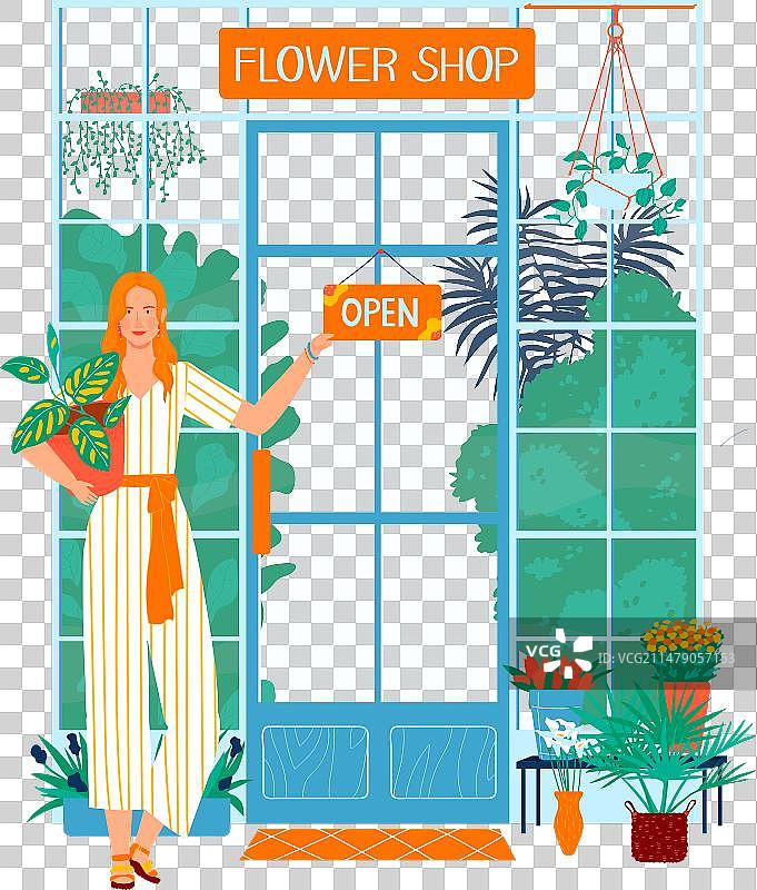 红发女花店店员欢迎顾客图片素材