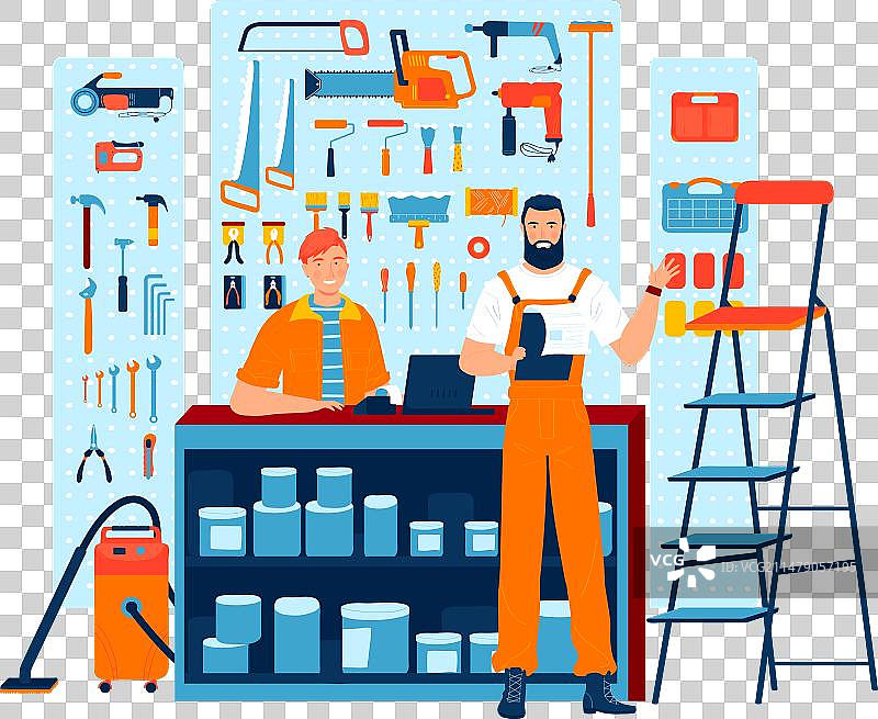 五金店里拿着工具的两名男工人图片素材