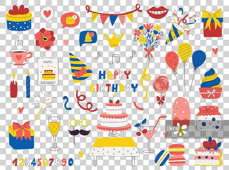 一套生日派对手绘元素图片素材