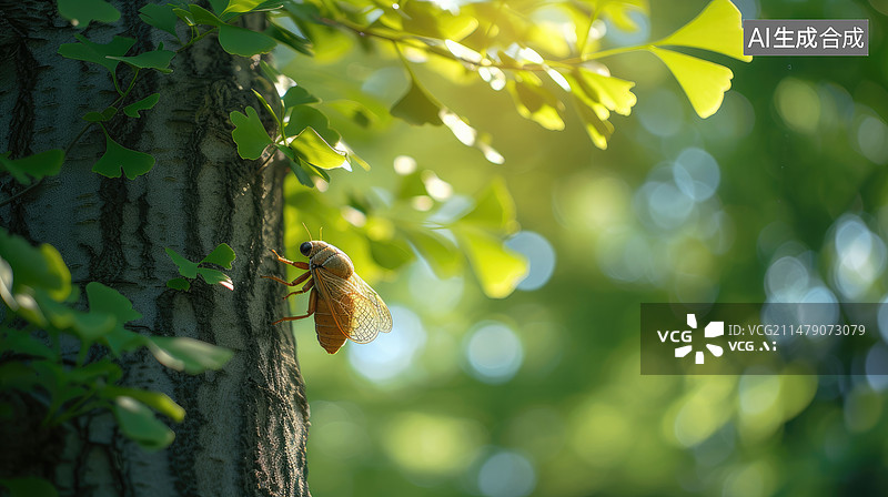 【AI数字艺术】夏天树干上的蝉特写图片素材