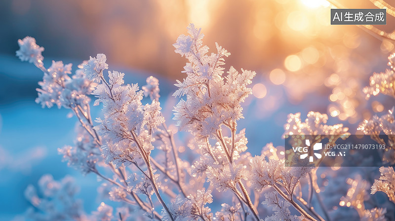 【AI数字艺术】冬天树枝上的冰花特写图片素材