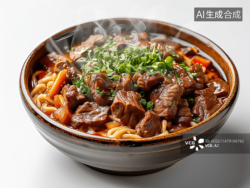【AI数字艺术】白色背景下碗中牛肉面红烧牛肉面的高角度视图图片素材