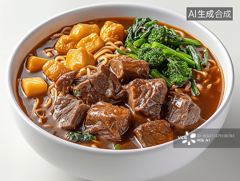 【AI数字艺术】白色背景下碗中牛肉面红烧牛肉面的高角度视图图片素材