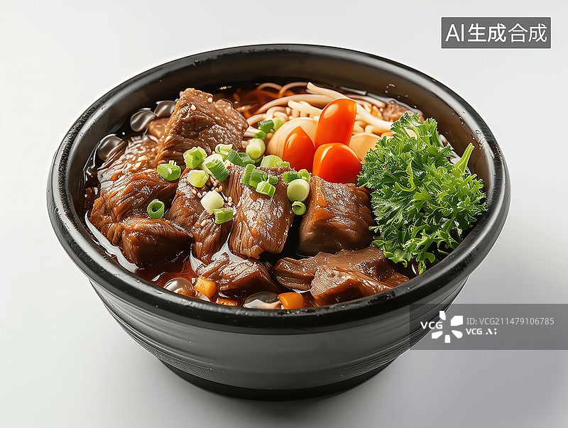 【AI数字艺术】白色背景下碗中牛肉面红烧牛肉面的高角度视图图片素材