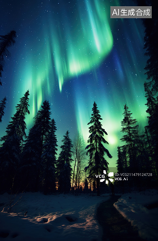 【AI数字艺术】冬季夜间树木对天的低角度视图图片素材