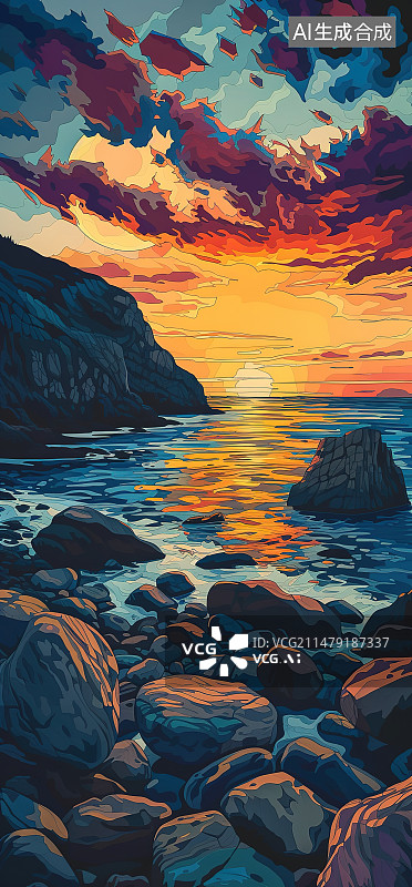 【AI数字艺术】日落时海景映衬着戏剧性的天空图片素材