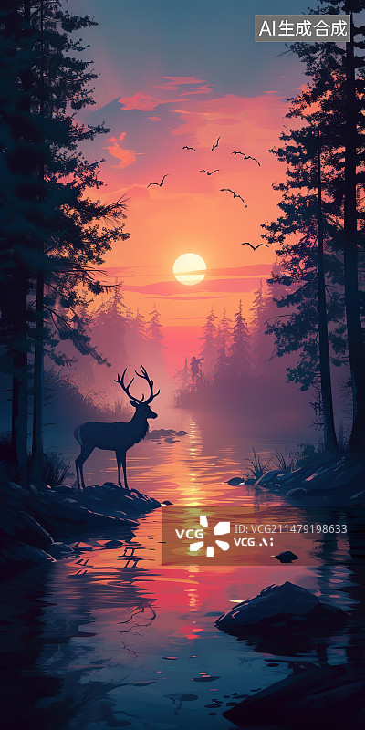 【AI数字艺术】夕阳西下的天空衬托下树木的轮廓图片素材