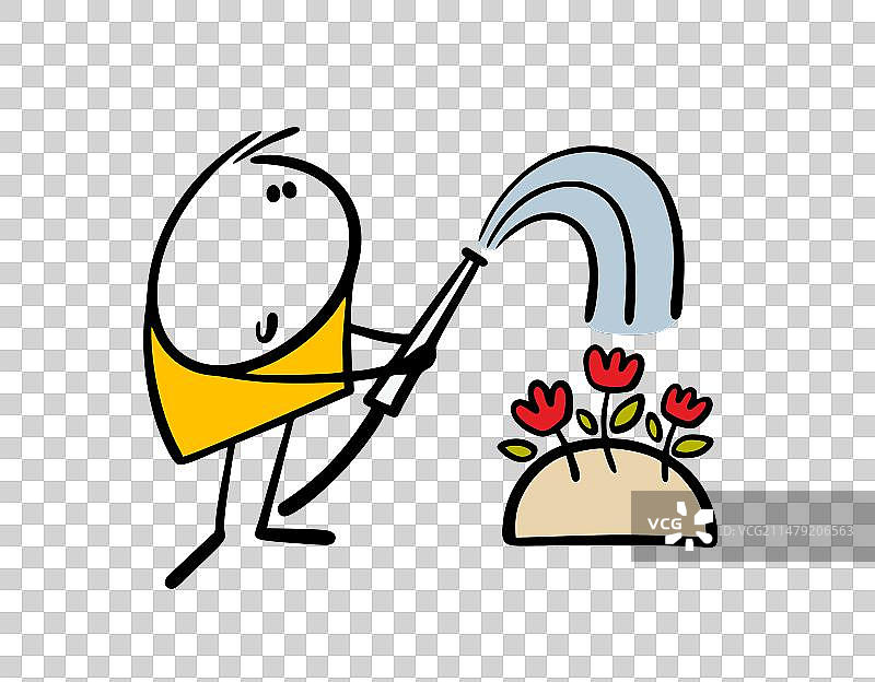 在花园里用水管浇水的工人图片素材