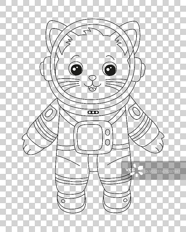 可爱的卡通猫宇航员填色页图片素材