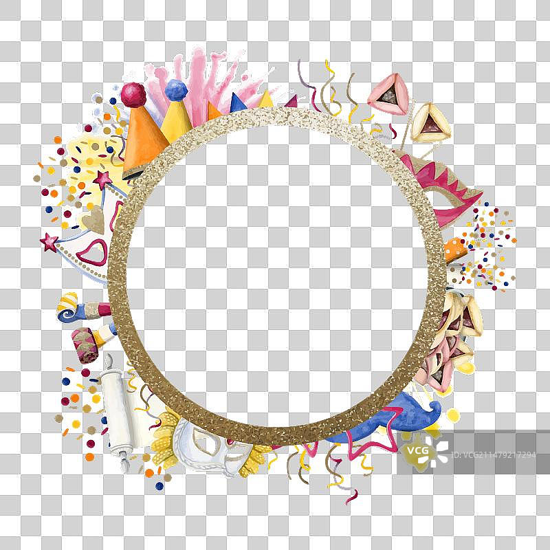 带有普林节符号纸屑面具的问候模板图片素材