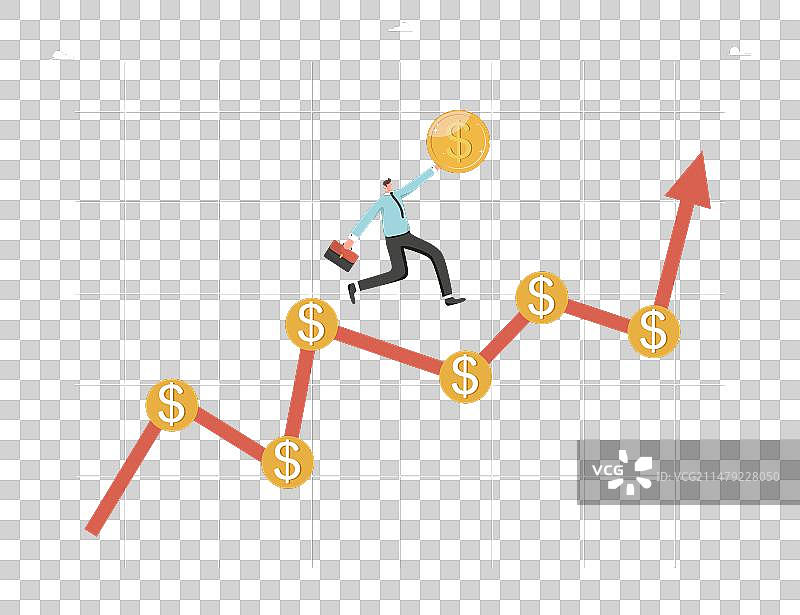 拿着硬币在上升箭头中奔跑的男人图片素材